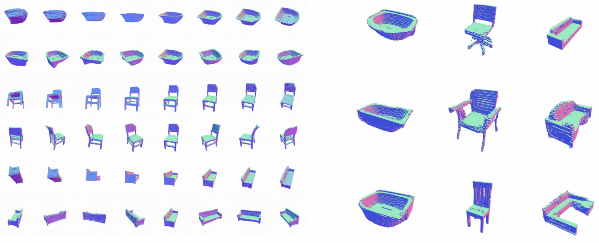 Many small 3D models of chairs couches and tubs from different view points created by Inverse Graphics GAN