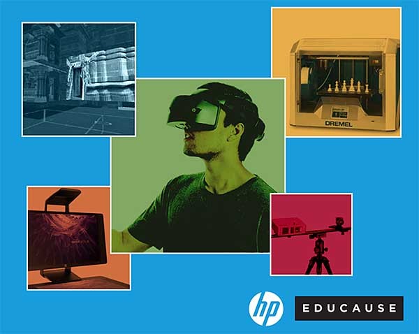 Collage of images depicting emerging technologies with HP logo and young men wearing VR glasses
