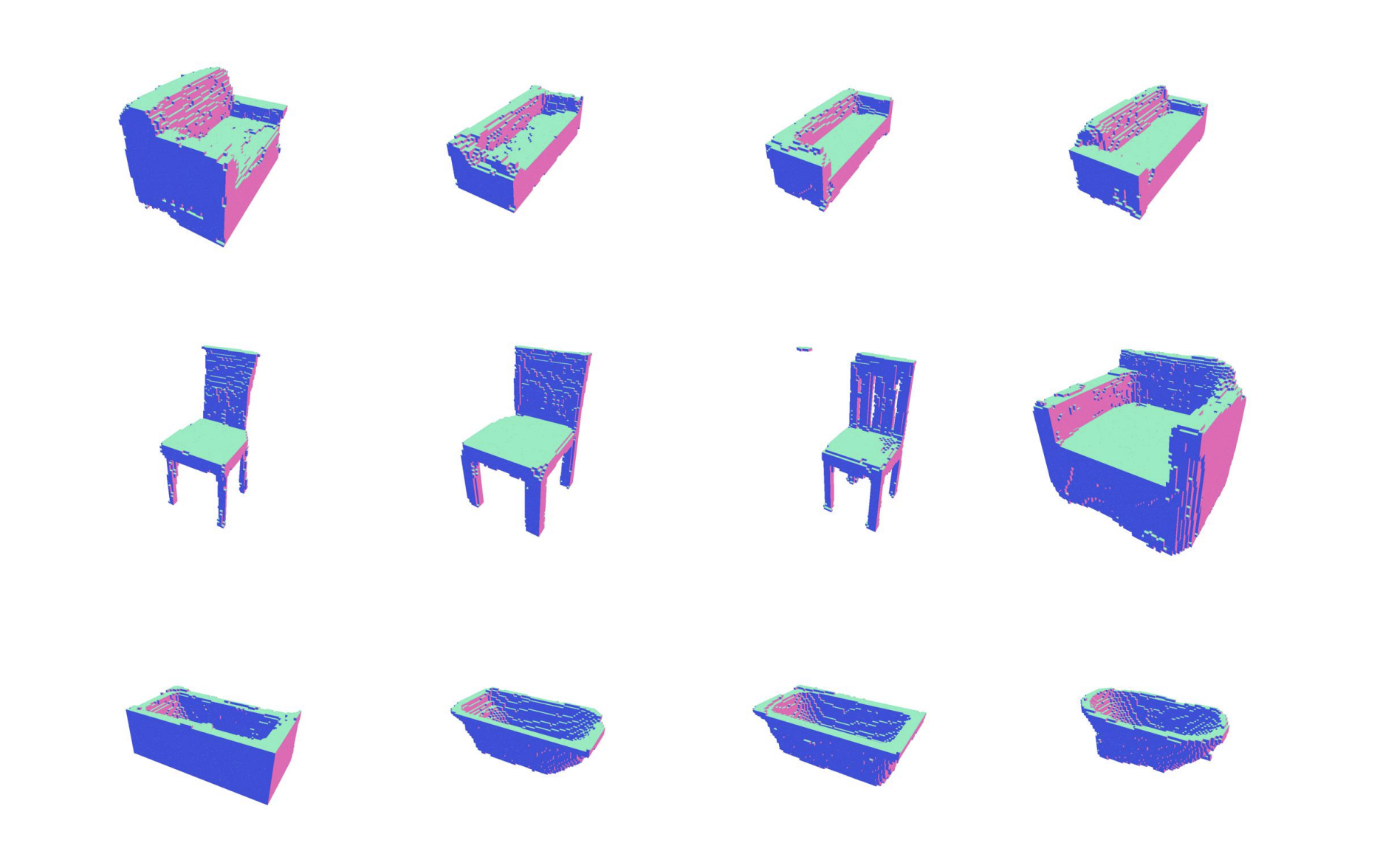 3D models of couches, chairs, and bath tubs generated by IG GAN technique. Cavities are modeled much better.