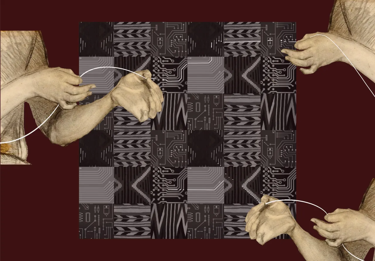 A collage that merges circuit board patterns with textile motifs in a grid-like background of alternating black, grey, and white. Two hand-drawn arms are on each side of the image, positioned as if gently pulling on thin, white strings that cross the image diagonally. The hands appear soft and somewhat translucent, contrasting with the rigid lines of the circuit board patterns behind them. The strings are woven through both the hands and the background, symbolising the connection between traditional weaving