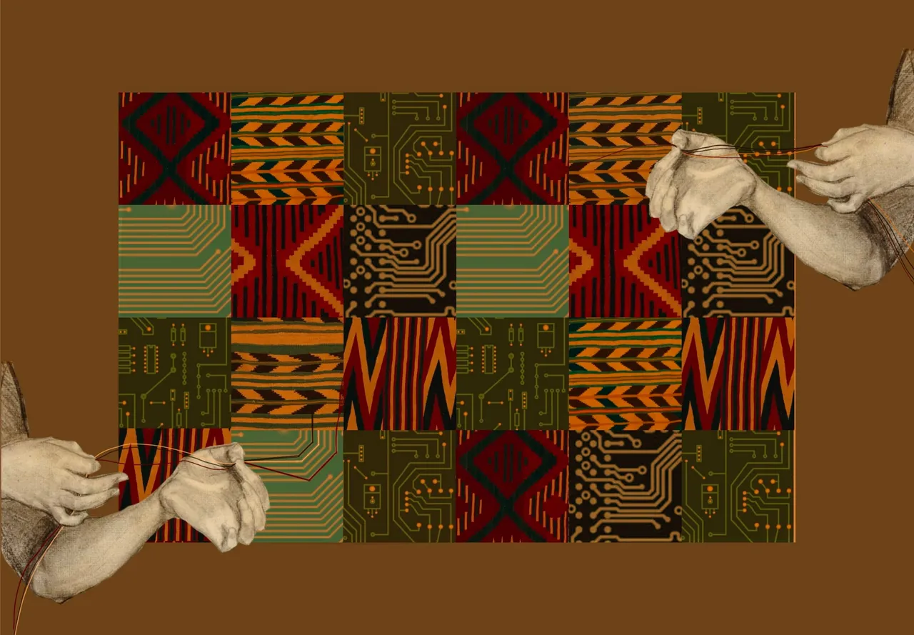 A collage that merges circuit board patterns with textile motifs in a grid-like background of alternating black, grey, and white. Two hand-drawn arms are on each side of the image, positioned as if gently pulling on thin, white strings that cross the image diagonally. The hands appear soft and somewhat translucent, contrasting with the rigid lines of the circuit board patterns behind them. The strings are woven through both the hands and the background, symbolising the connection between traditional weaving