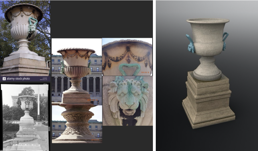 Left, reference photos – Right, finished Urn Low Urn