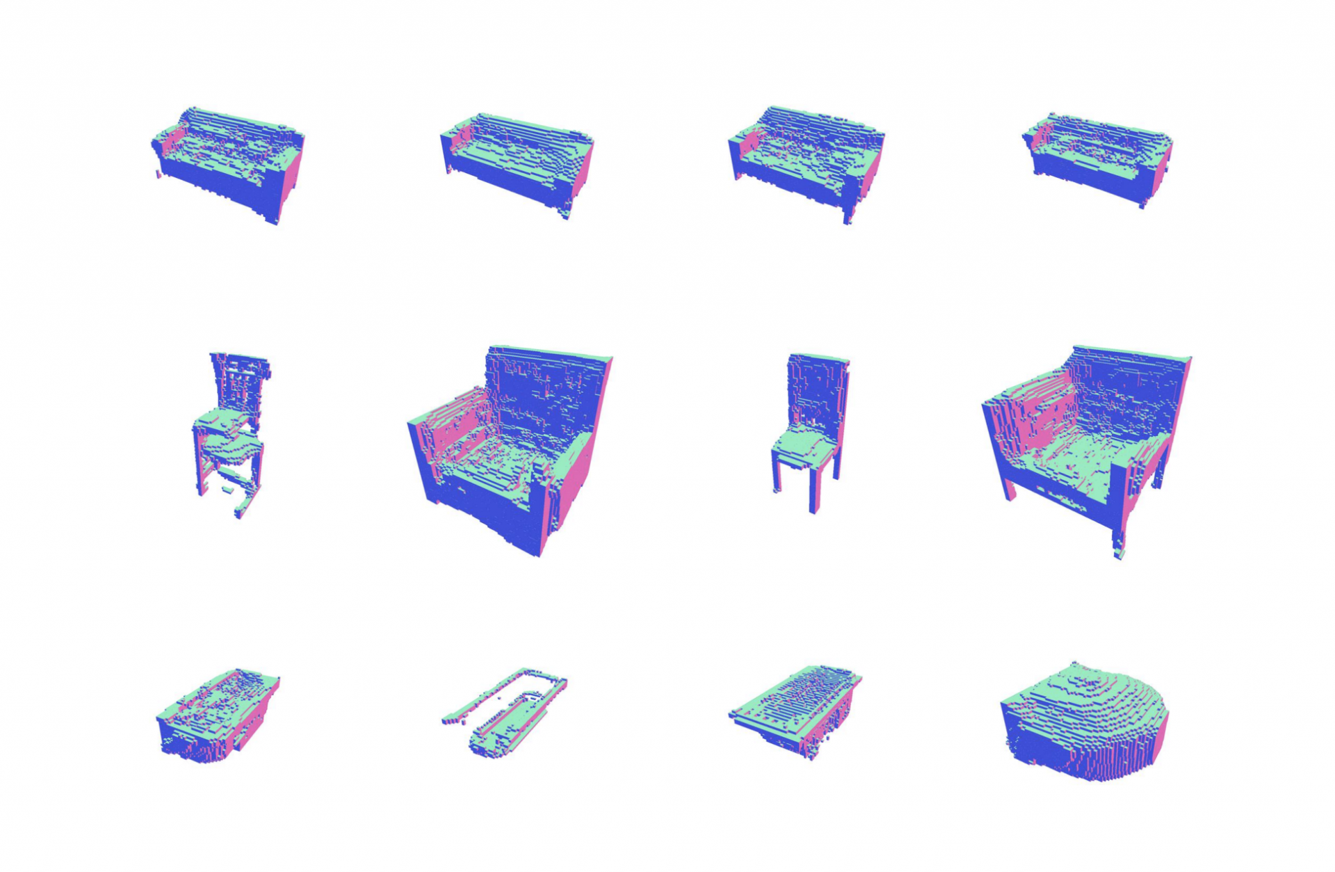 3D models of couches, chairs, and bath tubs generated by baseline technique. Cavities have holes and so these objects are poorly modeled.