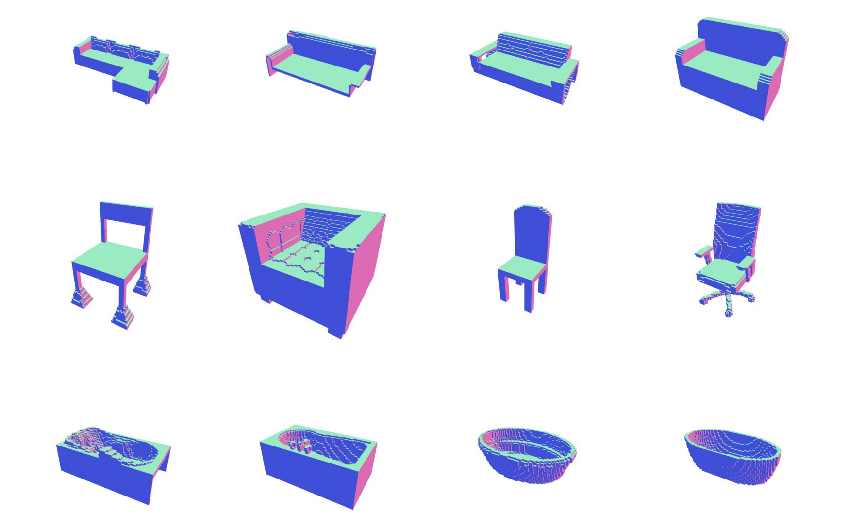 The data: 3D models of couches, chairs, and bath tubs colored in a bluish tinge 